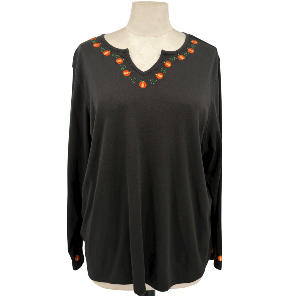 Designers Originals Womens Black Long‎ Sleeve Pumpkin Embroidered Top Shirt 2x